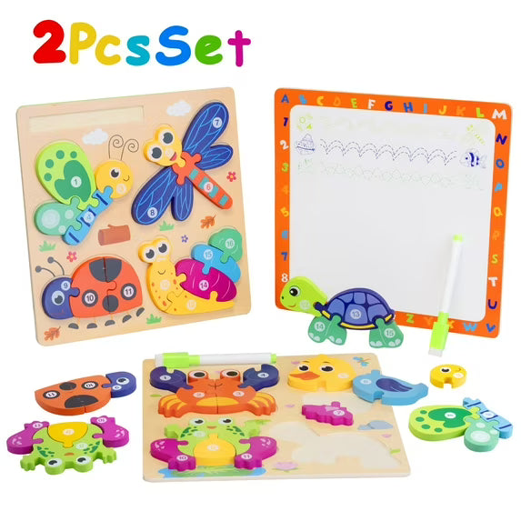 Savejoy Wooden Animal Jigsaw Puzzle Set - 3D Smooth Surface, Rich Colors,with Drawing Board for Kids' Age 3+ Early Learning & Fun,2Pcs