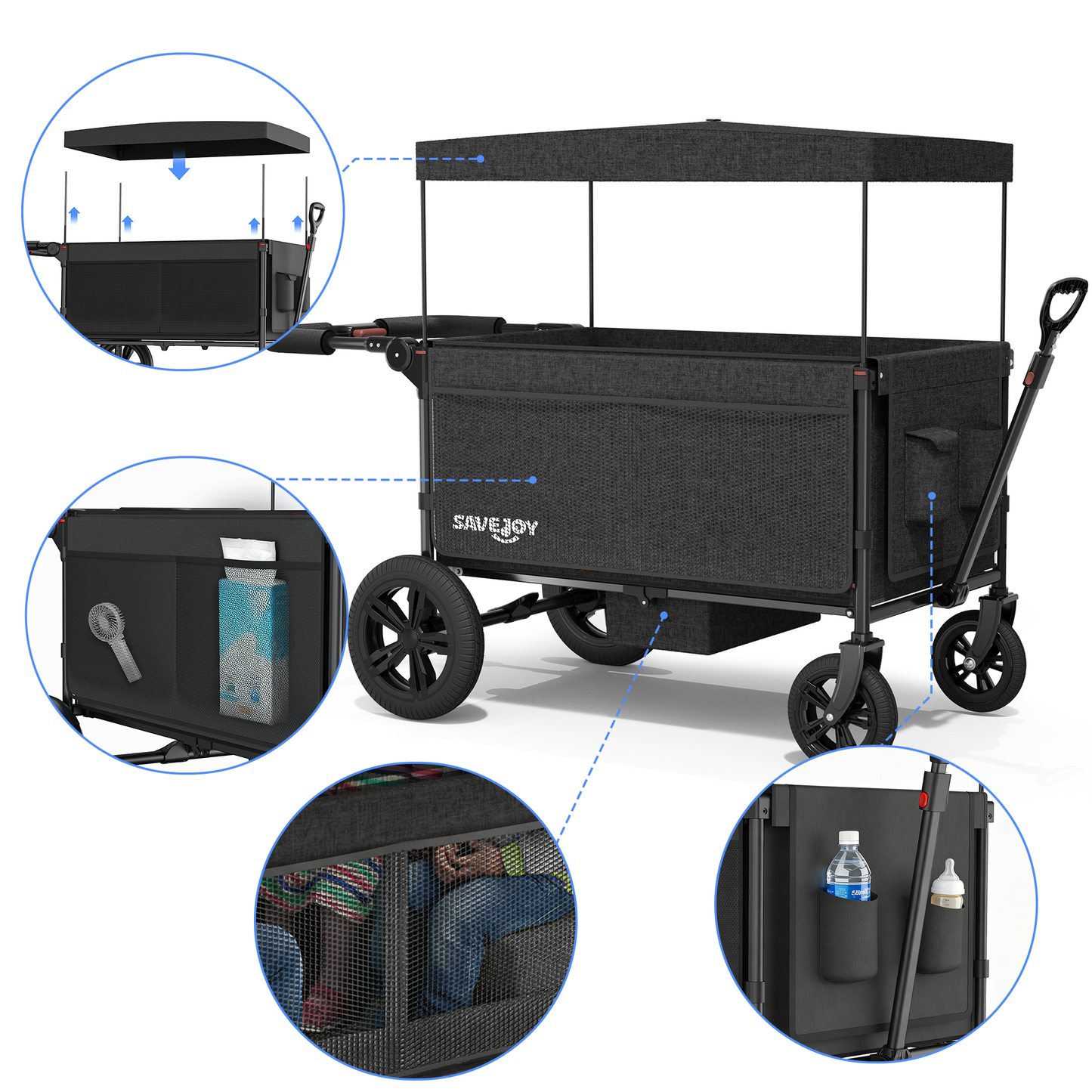 SaveJoy Stroller Wagon 4 Passenger, 4-Seater Wagon Stroller for 4 Kids with Canopy Parent Organizer & 5-Point Harness