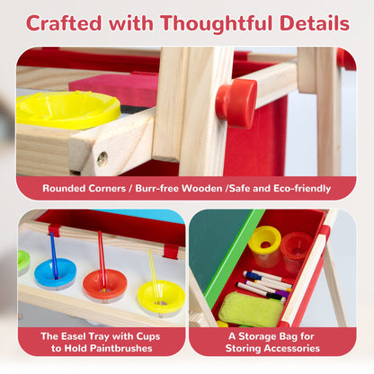 SaveJoy 3-in-1 Wooden Double Sided Kids Art Easel,Magnetic Whiteboard, Chalkboard and Paper Roll,Adjustable Standing Drawing Board with Accessories for Boys & Girls,Red