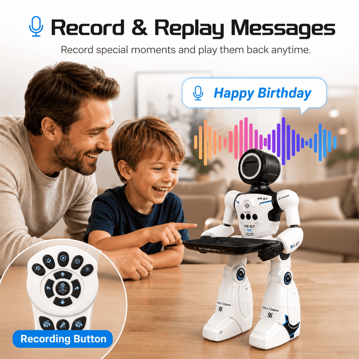 SaveJoy Smart RC Robot Toy for Kids, Voice Controlled with Delivery Tray, Gesture Sensing Programmable Actions Music Dance 2.4GHz Rechargeable Robot