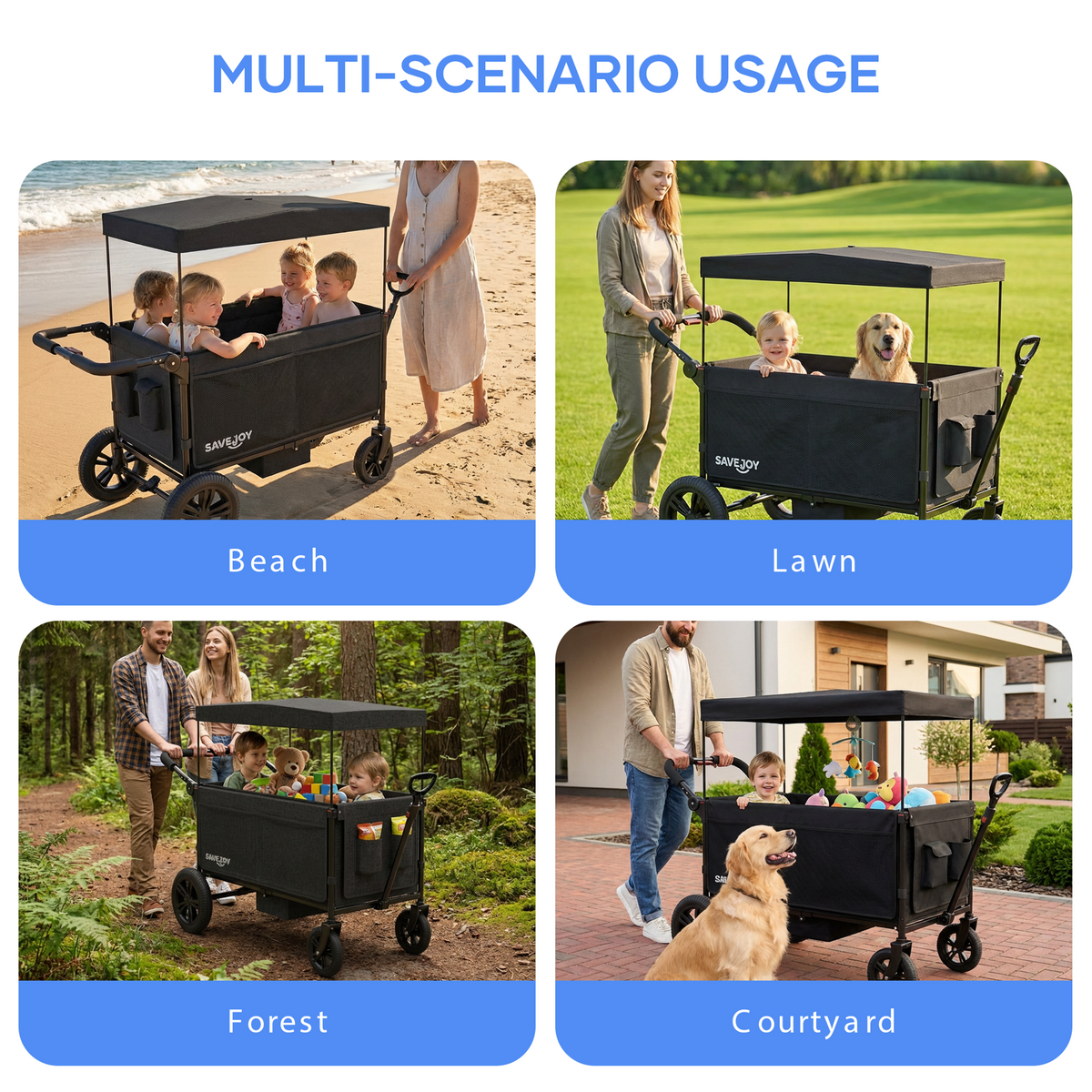 SaveJoy Stroller Wagon 4 Passenger, 4-Seater Wagon Stroller for 4 Kids with Canopy Parent Organizer & 5-Point Harness
