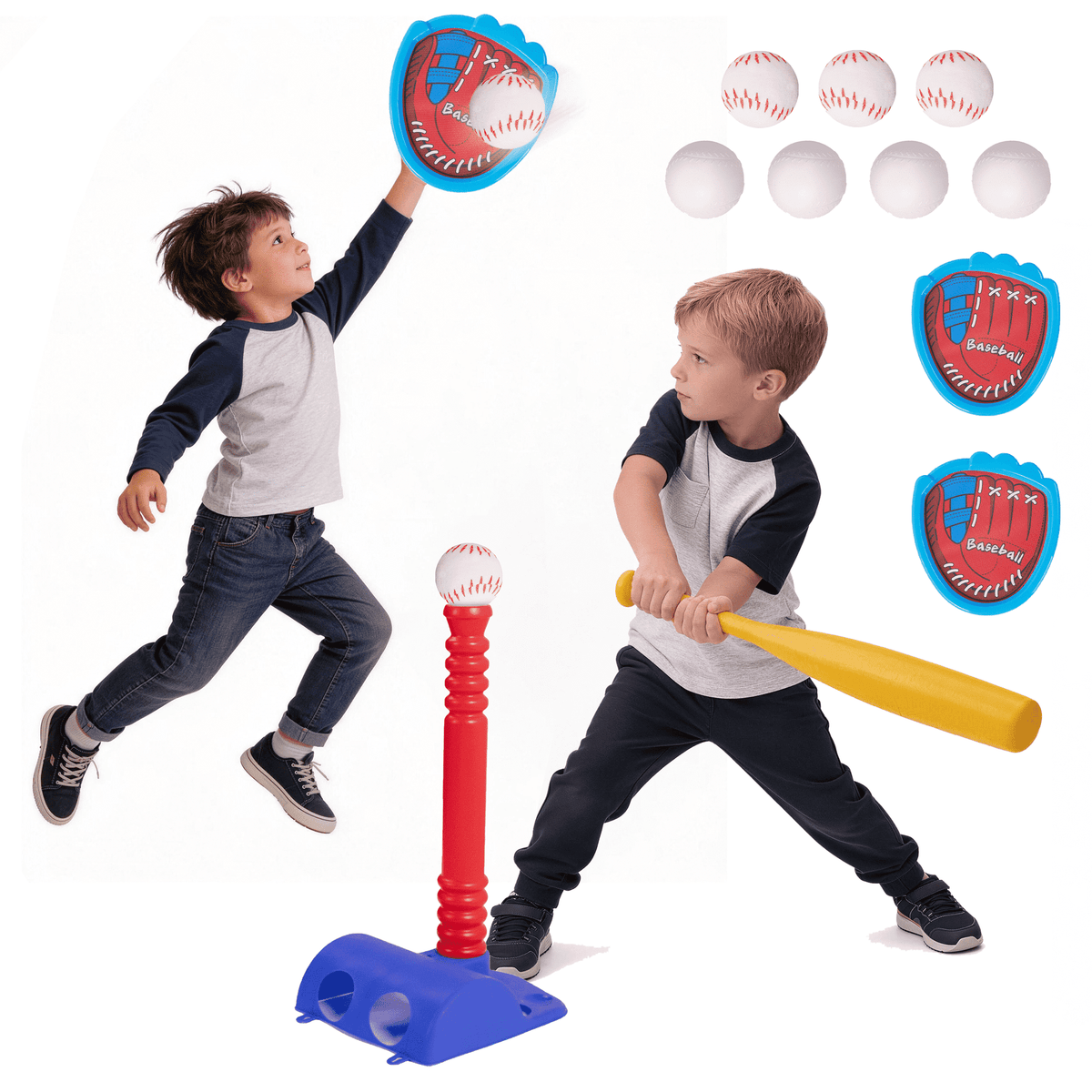 SaveJoy 2-in-1 T-Ball Set and Toss Game for Kids, Toddler Baseball Set for Age 1-3-6 Boys Girls, Outdoor Toys Toss and Catch Ball with 7 Balls