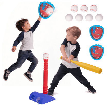 SaveJoy 2-in-1 T-Ball Set and Toss Game for Kids, Toddler Baseball Set for Age 1-3-6 Boys Girls, Outdoor Toys Toss and Catch Ball with 7 Balls