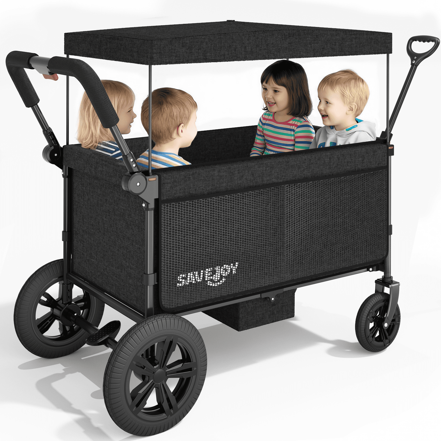 SaveJoy Stroller Wagon 4 Passenger, 4-Seater Wagon Stroller for 4 Kids with Canopy Parent Organizer & 5-Point Harness