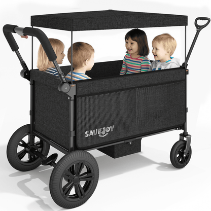 SaveJoy Stroller Wagon 4 Passenger, 4-Seater Wagon Stroller for 4 Kids with Canopy Parent Organizer & 5-Point Harness