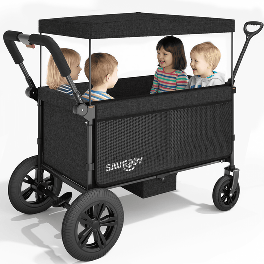 SaveJoy Stroller Wagon 4 Passenger, 4-Seater Wagon Stroller for 4 Kids with Canopy Parent Organizer & 5-Point Harness