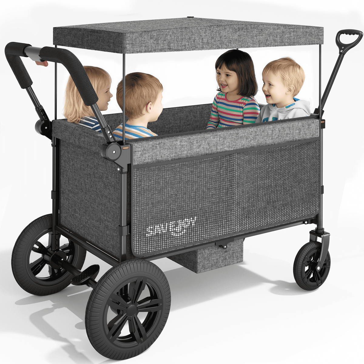 SaveJoy Stroller Wagon 4 Passenger, 4-Seater Wagon Stroller for 4 Kids with Canopy Parent Organizer & 5-Point Harness