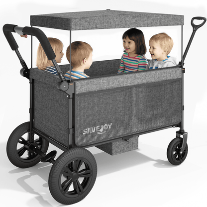 SaveJoy Stroller Wagon 4 Passenger, 4-Seater Wagon Stroller for 4 Kids with Canopy Parent Organizer & 5-Point Harness