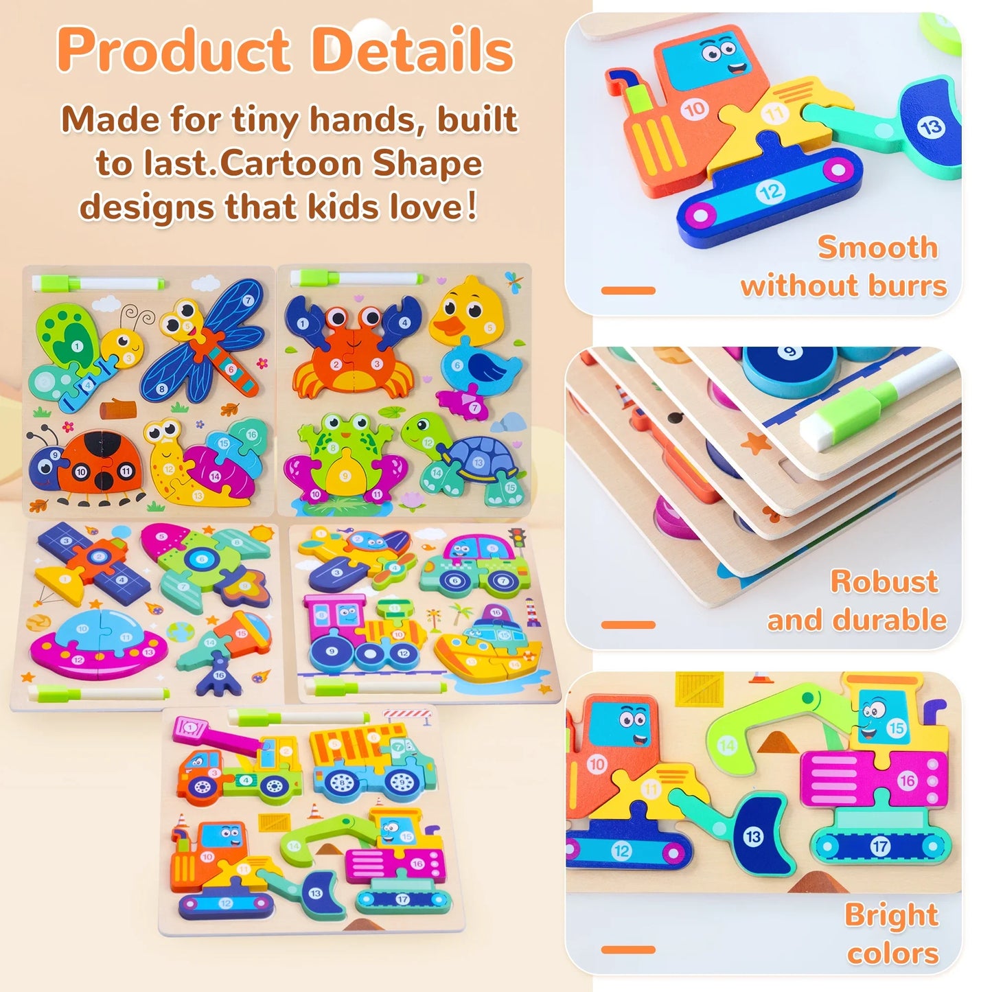 Savejoy Wooden Animal Jigsaw Puzzle Set - 3D Smooth Surface, Rich Colors,with Drawing Board for Kids' Age 3＋ Early Learning & Fun,2Pcs