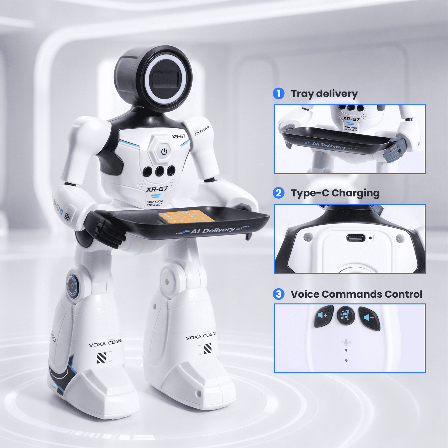 SaveJoy Smart RC Robot Toy for Kids, Voice Controlled with Delivery Tray, Gesture Sensing Programmable Actions Music Dance 2.4GHz Rechargeable Robot