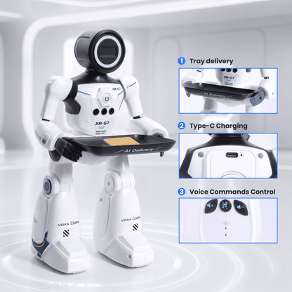 SaveJoy Smart RC Robot Toy for Kids, Voice Controlled with Delivery Tray, Gesture Sensing Programmable Actions Music Dance 2.4GHz Rechargeable Robot