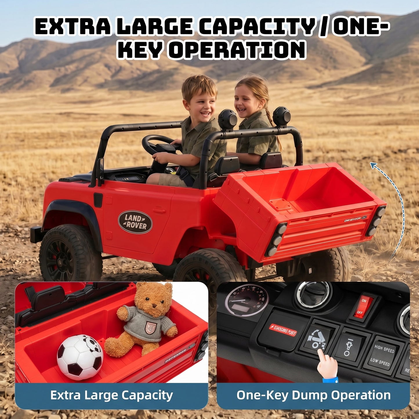 SaveJoy Licensed Land Rover Defender 24V 2-Seater Ride-On, 4WD 400W Electric Truck with Motorized Dump Bed & Remote